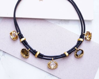 Leather Necklace, Leather Women Necklace, Crystal Necklace,  Learher Necklace Stone, Woven Necklace, Chunky Leather Necklace For Women