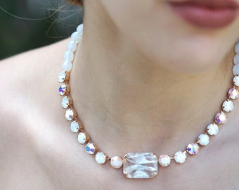 Statement Necklace, White Crystal Jewelry, Stone Necklaces For Women, Wedding Necklace, Classic Necklace, White Stone Necklace