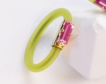 Thin Silicone Rings, Silicone Ring With Crystal, Pink Stone, Silicone Engagement Ring, Rubber Wedding Ring, Emerald Cut Rings, Custom Ring