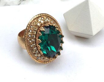 Bague de cocktail verte pour femme, bagues émeraude, bague en or, bague grosse pierre, bague surdimensionnée, bague pierre verte, grosse bague en or