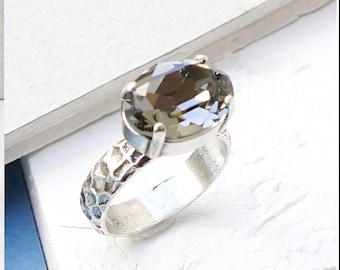 Gray Ring, Silver Cocktail Rings For Women, Gray Ring Crystal, Oval Stone Ring, Chunky Ring Women, Crystal Rings, Silver Rings
