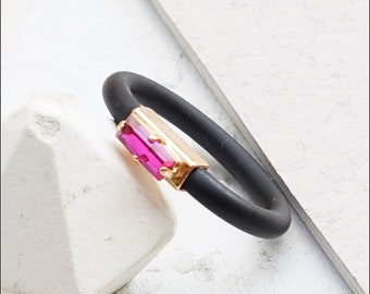 Fuchsia Stone Ring, Thin Silicone Rings, Rubber Ring Band, Unique Ring, Emerald Cut Rings, Thin Silicone Ring, Womens Cocktail Ring