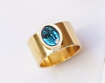 Wide Ring With Stone, Teal Stone Ring, Turquoise Gold Ring For Women, Gold Statement Ring, Women Ring, Band, Custom Rings For Women