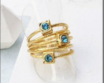 Blue Topaz Ring Set, Gold Multiple Rings, Crystal Stone Rings For Women, Blue Cocktail Ring, Boho Rings, Layered Ring Women, Stone Ring