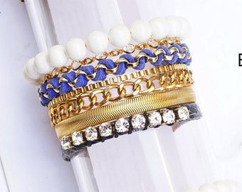 Multichain Armband, Blau Frauen Armband, Multi Strang Armband, Gold klobigen Armband, Blau Armbänder, Boho Armband für Frauen