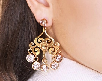 Boucles d'oreilles persanes femmes, grandes boucles d'oreilles de mariée, boucles d'oreilles lustre, boucles d'oreilles uniques, boucles d'oreilles perses en or rose pour femmes