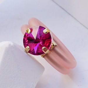 Rosa Stein Ring, Silikon Ring Band, Gummiband, Silikon Verlobungsringe, Silikonring Frauen, Fuchsia Kristall Ring für Frauen