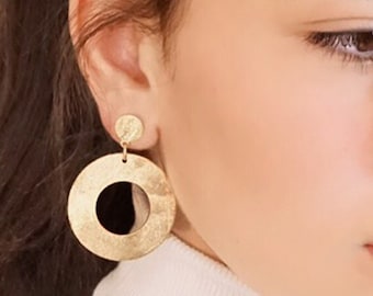 Gold Disc Earrings, Gold Circle Earrings, Gold Modern Earrings, Gold Chunky Earrings, Hoop Drop Earrings, Geometric Earrings For Women