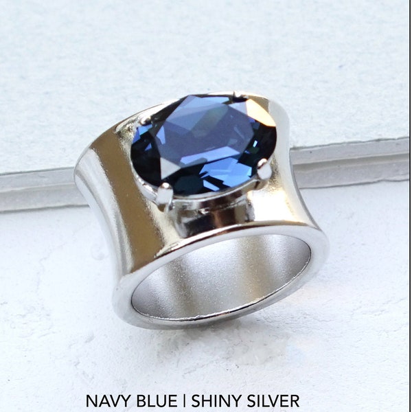 Sapphire Blue Rings, Wide Band Ring, Crystal Ring For Women, Oval Blue Statement Ring, Silver Chunky Rings, Silver Cocktail Ring Band