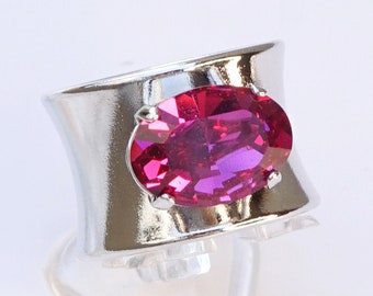 Crystal Ring For Women, Pink Crystal Ring, Gold Wide Band Ring, Statement, Chunky Rings, Unique Cocktail Ring,Fuchsia Stone Ring Band