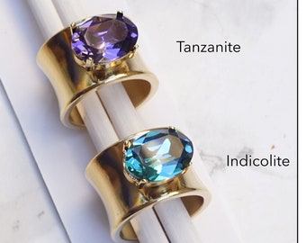 Aquamarine Ring, Blue Chunky Ring, Tanzanite Rings, Statement Rings, Big Stone Ring, Wide Band Ring,Blue Cocktail Rings For Women