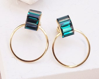 Emerald Earrings Women, Dangle Gold Earrings, Minimalist Gold Earrings, Baguette Earrings For Women, Gold Circle Earrings,Green Earrings