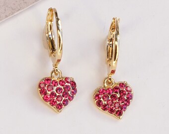 Flower Girl Earrings, Heart Charm Earrings, Ruby Earrings, Huggie Heart Earrings, Girlfriend Gift, Ruby Earrings For Women