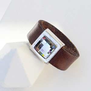 Leather Ring Band, Leather Rings Women, Stone Ring, Brown Leather Ring Band, Leather Jewelry, Leather Rings, Wide, Leather Ring With Stone