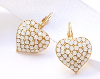 White Heart Earrings, White Pave Crystal Earrings For Women, Heart Earrings, White Stone Earrings, Heart Women Earrings, Girlfriend Gift