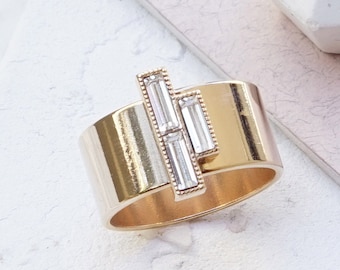 Clear Baguette Ring, Gold Ring For Women, Thick Ring Women, Baguette Ring Women, Cigar Ring With Stone, Cocktail Ring For Women