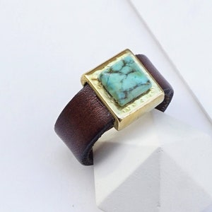 Leather Rings, With Stone, Leather Ring Band, Turquoise Ring, Brown Ring Band, Brown Leather Jewelry, Gemstone Ring,Leather Stone Rings