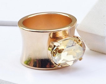 Gold Thick Band Rings, Wide Gold Band Ring For Women, Stone Rings For Women, Chunky Statement Rings, Crystal Jewelry