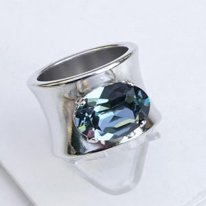 Dusty Blue Rings For Women,Wide Silver Band Ring,Customized Ring,Oval Statement Ring,Chunky Silver Rings,Blue Cocktail Ring For Women