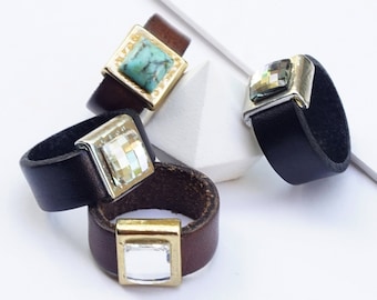 【LETICIA/レチシア】 RING LEATHER Leather Rings, With Stone, Leather Ring Band, Turquoise Ring
