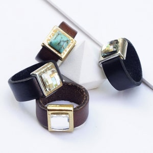 Anéis de couro, anel de couro estilo boho, anel de cristal feminino, anel de noivado de couro, anel de couro com cristal, anel moderno