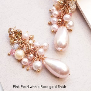 Pink Pearl Earring, Long Pearl Earrings For Women, Bridal Earrings, Unique Pearl Earrings For Wedding, Statement Earring, Pink Jewelry