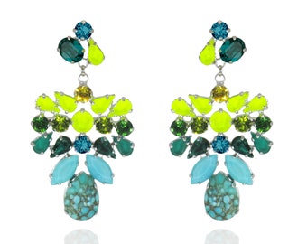 Turquoise Chandelier Earrings, Dangle Statement Earrings, Large Wedding Earrings, Summer Earrings,Cluster Drop Earrings For Women