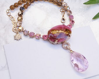 Kristall-Halskette für Frauen, Statement-Halskette, rosa Stein-Halskette, Kristall-Halskette Rosa-Halsketten für Frauen, Kristall-Choker für Frauen