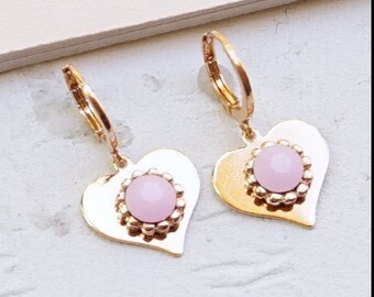 Gold Charm Earrings, Dangle Charm Earrings, Opal Pink Earringas, Huggie Hoops Earrings For Women, Hoop Earrings With Charm,Huggie Earring