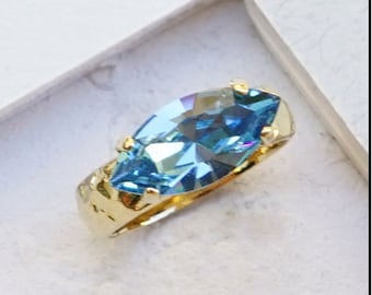 Blue Ring For Women, Gold Ring For Her, Ring With Blue Stone, Crystal Stone Ring, Engagement Ring, Solitaire, Cocktail Ring, Stone Band Ring