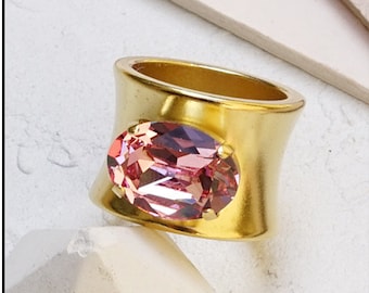 Pink Stone Rings, Wide Gold Band Ring, Stone Ring For Women, Oval Statement Ring, Gold Chunky Rings, Cocktail Ring Band,Gold Rings