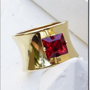 Red Stone Rings, Siam Stone Ring, Red Stone Wide Rings, Gold, Chunky Ring, Stacking, Square Stone Rings,Emerald Cut Rings For Woman