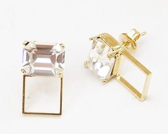 Clear Stone Earrings, White Earrings Woman, Geometric Modern Earrings, Octagon Earrings, Modern, Gold Earrings,Emerald Cut Earring For Women