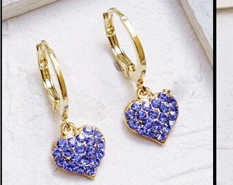Heart Charm Earrings, Sapphire Crystal Earrings For Women, Huggie Heart Earrings, Girlfriend Gift, Blue Earrings, Delicate, Tiny Heart