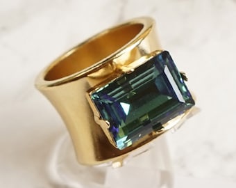 LARGE RING, Emerald Cut Ring, Crystal Rings, Wide Gold Ring, Crystal Ring, Statement Ring, Gold Chunky Ring, Gold Ring For Women