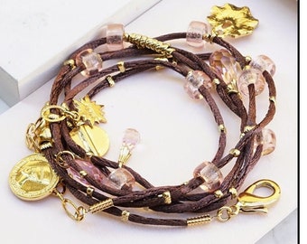Leren bedelarmband, lariat-wikkelarmband, meerstrengige sieraden, lagen boho-sieraden, etnische armbanden voor vrouwen, stoffen sieraden