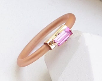 Silicone Rings For Women, Silicone Ring With Crystal, Pink Silicone Ring, Rubber wedding Ring, Emerald Cut Ring, Silicone Engagement Ring