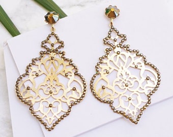 Gold Persian Earrings, Statement Earrings, Gold Chunky Earrings, Crystal Earrings, Gold Oriental Earrings, Unique Earrings For Women