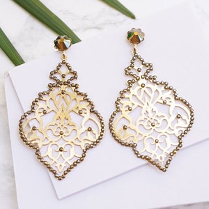 Brincos persas de ouro, brincos de declaração, brincos grossos de ouro, brincos de cristal, brincos orientais de ouro, brincos exclusivos para mulheres