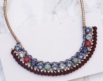 Leather With Stone Necklace For Women, Casual Jewelry, Leather Blue Choker, Blue Necklace, Artisan Trendy Jewelry, Unique Necklaces Women