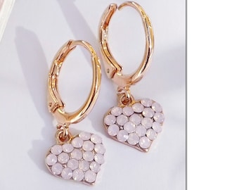 Heart Charm Earrings, White Earrings For Women, Huggie Heart Earrings, Girlfriend Gift, Pink, Opal Earrings, Delicate Earrings,Tiny Heart
