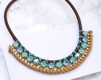 Turquoise With Leather Necklace, Leather Necklace For Women, Bohemian Necklace, Ethnic, Turquoise Jewelry, Oriental Necklace For Women