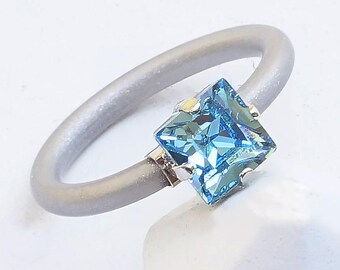 Clear Solitaire Ring, Silver Silicone Ring Women, Rubber Ring, Thin Ring, Aquamarine Stone Ring, Emerald Cut Rings, Silicone Rings For Women