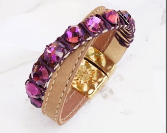 Purple Amethyst Bracelet, Leather Wrap Bracelets, Boho Cuff, Stone Charm Bracelets with Magnetic Clasp,Costume Jewelry For Women