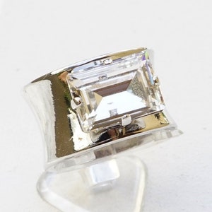 Silver Wide Ring For Women, Emerald Cut Rings, Crystal Rings For Women, Large Band Ring For Her, White Statement Ring,Silver Chunky Ring