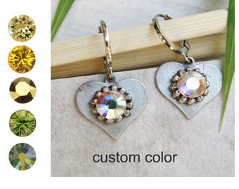 Heart Charm Earrings, Custom, Crystal Stone Charm, Huggie Hoop With Charm, Silver Heart Earrings, Huggy Earrings, Crystal Earring For Women