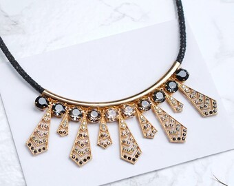 Leather Necklace, Large Necklace, Black Leather Necklace For Women, Crystal Necklace, Unique Big Necklace,Chunky Necklace