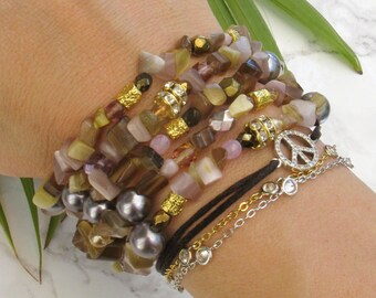 Beaded Stretchy Bracelets Set, Gemstone Bracelet For Women, Beaded Bracelets Set, Brown Mix Bracelets For Women