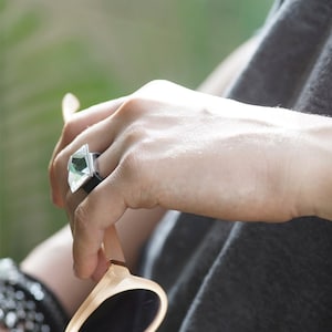 Leather With Stone Ring, Leather Ring Band Women, Leather With Crystal, Octagon Stone Ring, Emerald Cut Rings,Unique Leather Rings Women