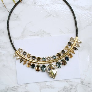 Leather Necklace, Big Statement Necklace For Women,Blue Necklace With Stones, Leather With Crystal Necklace, Chunky,Leather Necklaces